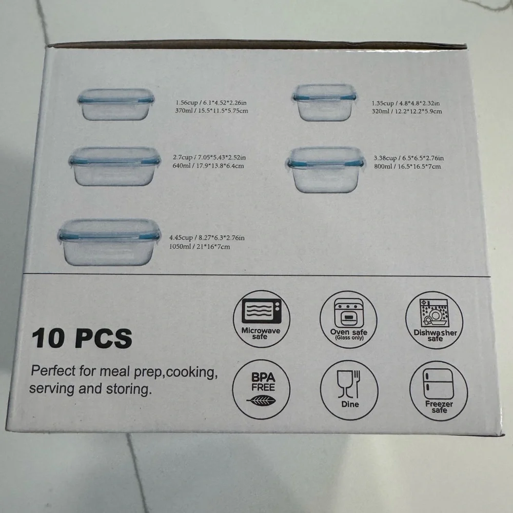 Glass Food Storage Container Set of 10 with Blue Lids - Picture 2 of 2